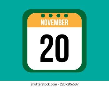 Vector de calendario anaranjado 20 de noviembre. Fecha de noviembre con cuadrado sobre fondo claro.