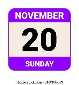 20 November, Sunday. Date template. Useful design for calendar or event promotion. Vector illustration EPS 10 File