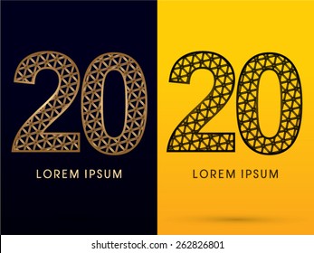 20 ,Number, Luxury font, designed using gold and black triangle geometric shape. on dark and yellow  background, sign ,logo, symbol, icon, graphic, vector.