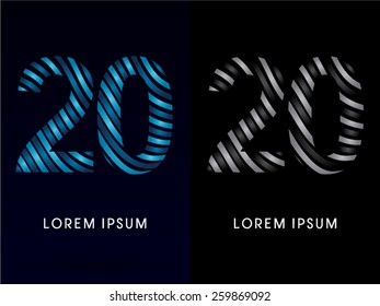 20 ,Number ,modern wave  font ,designed using blue and black line on dark background, concept move, wave, water, freestyle, zebra line, fantasy ,logo, symbol, icon, graphic, vector.