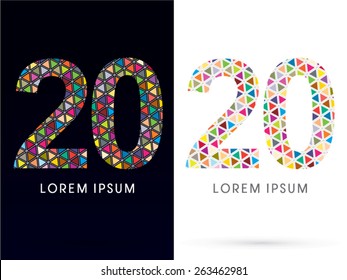 20 ,Number,Colorful font, concept mosaic pattern, designed using colors triangle geometric shape. on dark and white background, sign ,logo, symbol, icon, graphic, vector.