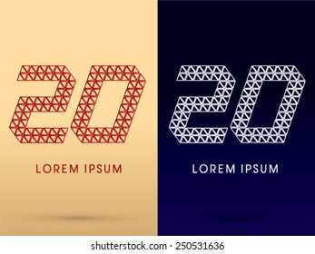 20 ,Number,Luxury font ,designed using red and silver triangle geometric shape on gold and dark blue background, concept shape from, jewelry, diamond ,gems ,logo, symbol, icon, graphic, vector.