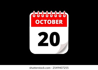 20 October calendar icon text page monthly web design on red, white and black background vector, icon, or illustration with the month of October 20