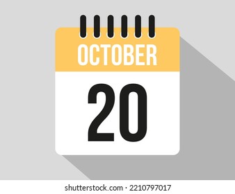 Icono vectorial del calendario 20 de octubre. Fecha de octubre amarillo para los días del mes y la semana
