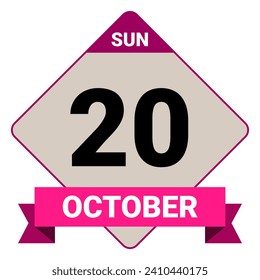 20 October, Sunday. Date template. Useful design for calendar or event promotion. Vector illustration EPS 10 File. Isolated on white background. 