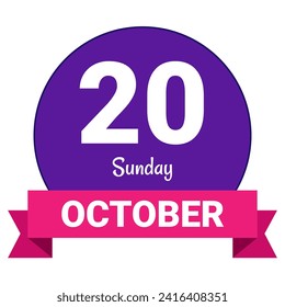 20 October, Sunday. Date template. Useful design for calendar or event promotion. Vector illustration EPS 10 File. Isolated on white background. 
