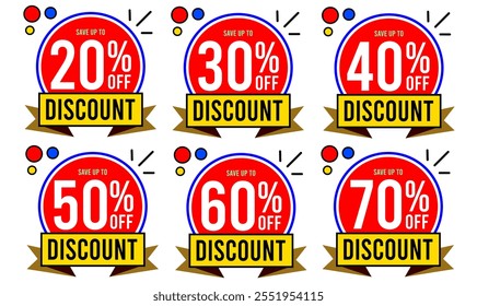 20% off 30%off 40% off 50% off 60%off 70%off Save up to discount 20% 30% 40% 50% 60% 70% percent off with letters numbers background ball circles drawings red yellow blue black green white sets.eps