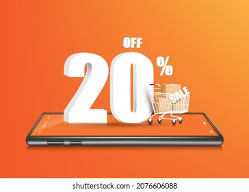 20% de texto 3d, paquete y carrito de compras en smartphone y todo objeto sobre fondo naranja para comprar diseño de concepto en línea,vector 3d para la venta de promoción de publicidad