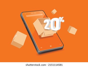 20% off 3D white text on an open parcel box. All are on the smartphone screen. and there were several boxes floating around in the air,vector isolated on orange background for online shopping concept