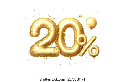 20 Off balloons, discount sale, balloon in the form of a digit, golden confetti. Vector illustration.