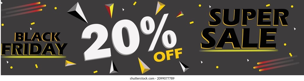 20% off banner. Modern banner 20% off. Black friday 3D letters and mega sale. Bright social media banner creative design. EPS 10 vector illustration.