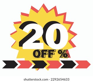 20% off. Banner with twenty percent discount on a red and yellow ballow and arrows black and white.