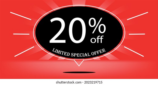 20% de globo negro y rojo, para oferta especial limitada, banner rojo para ofertas especiales de promociones