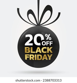 20% de descuento. Etiqueta de venta, etiqueta o insignia del Viernes Negro con arco de cinta. 20 por ciento de precio del diseño de bola de descuento 3d. Promoción, antecedentes de marketing o plantilla de banner. Ilustración vectorial.