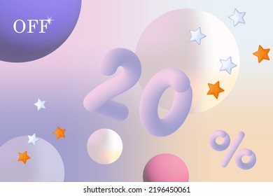 20 off, bonus percent, sales discount. Big cashback, advantageous percentage, holiday gifts. Advertising campaign, selection of a profitable discount, space vector, abstract banner 3d, dusty galaxy.