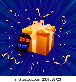 20% off. Creative composition of discount. in blue and yellow colors. neon style. Sale symbol with decorative objects, golden confetti, podium and gift box. Sale banner and poster. Vector illustration