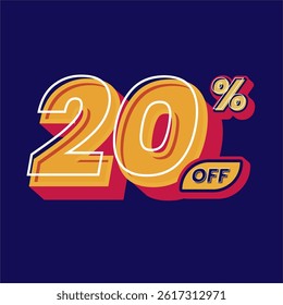 20% off discount banner design in a vibrant retro pop art style. Featuring bold typography with yellow red and navy color palette, perfect for marketing advertisements and social media content.