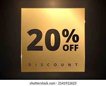 20 off discount banner. Special offer sale 20 percent off. Sale discount offer. Luxury promotion banner twenty percent discount in golden square and black background. Vector illustration