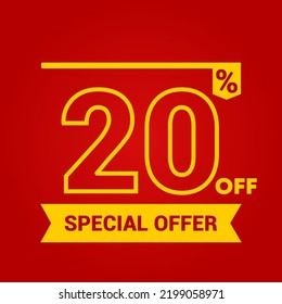 20% OFF Discount Banner. Special offer promo campaign ad coupon. super Sale up to 20% limited time only. tag off art. 
 red and yellow Vector Illustration.