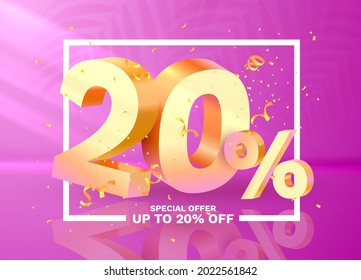 20 Off. Discount creative composition. 3d Golden sale symbol with decorative objects,  golden confetti. Sale banner and poster. Vector illustration.