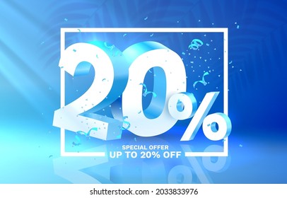 20 Off. Discount creative composition. 3d sale symbol with decorative objects. Sale banner and poster. Vector illustration.