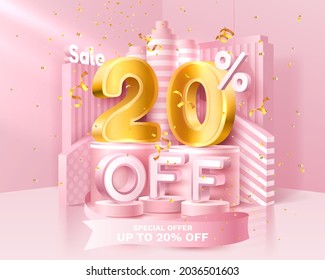 20% Off. Discount creative composition. 3d sale symbol with decorative objects, golden confetti, podium and gift box. Sale banner and poster. Vector illustration.