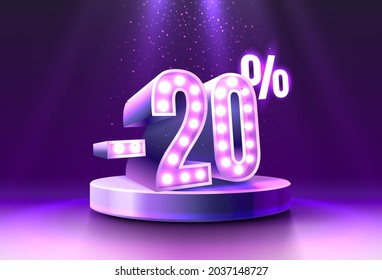 20% Off. Discount creative composition. 3d sale symbol, neon podium gift box. Sale banner and poster. Vector illustration.