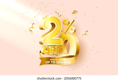 20 Off. Discount creative composition. 3d sale symbol with decorative objects, golden confetti, podium and gift box. Sale banner and poster. Vector illustration.