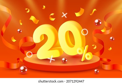 20 Off. Discount creative composition. 3d sale symbol with decorative objects, golden confetti, podium and gift box. Sale banner and poster. Vector illustration.