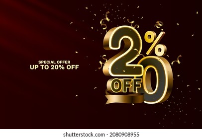 20 Off. Discount creative composition. 3d sale symbol with decorative objects, golden confetti, podium and gift box. Sale banner and poster. Vector illustration.