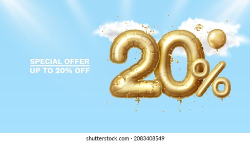 20 Off. Discount creative composition. 3d Golden sale symbol with decorative objects, heart shaped balloons, golden confetti, podium and gift box. Sale banner and poster. Vector illustration.