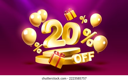 20 Off. Discount creative composition. 3d sale symbol with decorative objects, golden confetti, podium and gift box. Sale banner and poster. Vector illustration.