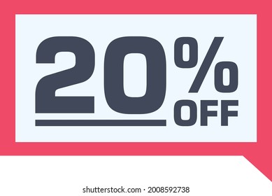 20 % Rabatt. Ermäßigung auf Rot-Sale-Tag, Geschenkkarte im Comic-Ballon-Format. % Rabattnummer auf Badge. Flaches Angebotstempel. zur Verwendung in Online-Geschäften, Flyern und digitalem Marketing