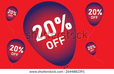 20% off. Discount on your price. Red background composed of four red and blue balloons with the numbers in white..eps