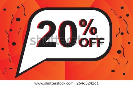 20% off. Discount on your price. Black number with orange outline inside a white balloon and orange background composed of black graphic elements.eps