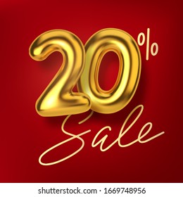 20 off discount promotion sale made of realistic 3d gold balloons. Number in the form of golden balloons. Template for products, advertizing, web banners, leaflets, certificates and postcards. Vector 