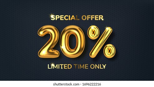 20 off discount promotion sale made of realistic 3d gold balloons. Number in the form of golden balloons. Template for products, advertizing, web banners, leaflets, certificates and postcards. Vector