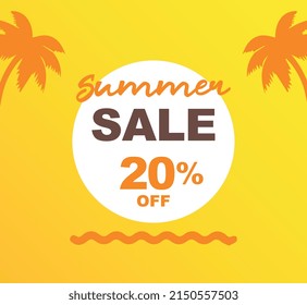 20% Rabatt für Einkäufe. Vektorgrafik der Werbung für Sommerverkäufe. Kokospalmen, Sonne, Meer. Design für Social Media, Banner, Poster, Werbung, Marketing, Einzelhandel.