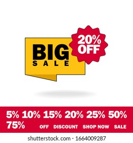 20% OFF Discount Sticker. Sale Red Tag Isolated Vector Illustration. Discount Offer Price Label, Vector Price Discount Symbol. additional elements discount 5, 10, 15, 20, 25, 50, 75 percent.