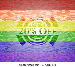 20% Off emblem on mosaic background with the colors of the LGBT flag