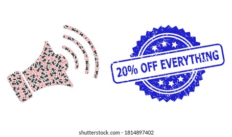 20% Off Everything textured seal imitation and vector recursive collage megaphone. Blue seal includes 20% Off Everything caption inside rosette.