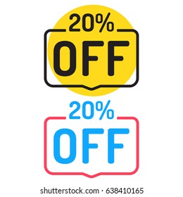 20% off. Flat vector badges set on white background.