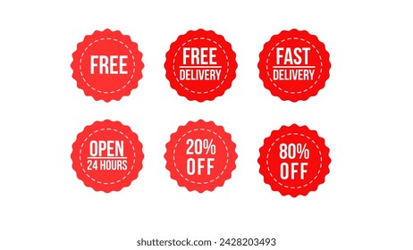 20% off, Free, Free Delivery, Fast Delivery, 80% off, Open 24 Hours elements in red color