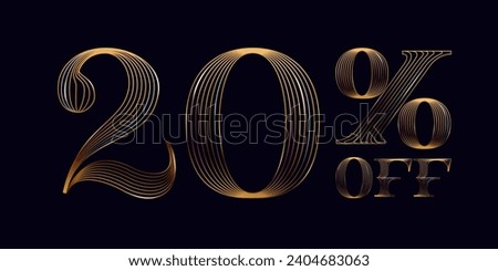 20% OFF golden lettering. Shiny number made of parallel lines on black background. Metallic percent emblem for Super Sale. VIP template for special price, discount offer, luxury coupon, lingerie store