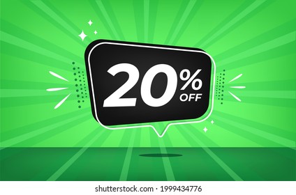 20% off. Green banner with twenty percent discount on a black balloon for mega big sales.