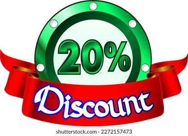 20% off, green disk and red ribbon, vector illustration for wholesale and retail, illustrative art, beautiful illustration, vector. God is good!