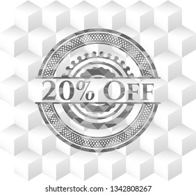 20% Off grey emblem. Vintage with geometric cube white background