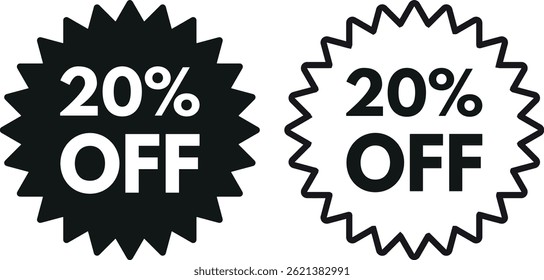Ícone de desconto de 20% definido em dois estilos . 20% de desconto no ícone de explosão estelar.  Ícone de etiqueta de desconto de 20% para promoções e marketing . Ilustração vetorial