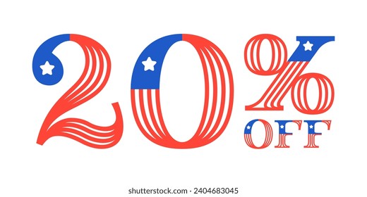 20% OFF lettering made of American flag. Serif font with Star and Stripes. Classic emblem for US history for Super Sale. 4th of July template for special price, discount offer, VIP coupon, sport store