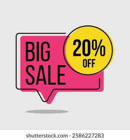 20% off limited time offer or discount banner - Big Sale pink tag with yellow twenty percent circle on light gray background. Illustrated tag, vector, for promotion.